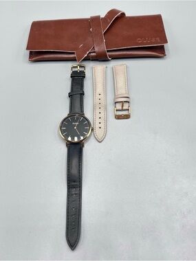 Cluse Women’s Watch Black Gray Leather Band Stainless Steel Case New Battery